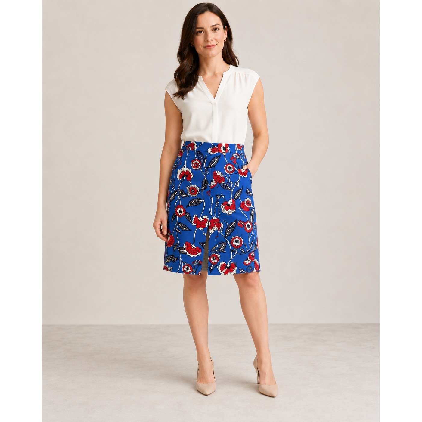 Boden Womens 10r Blue Floral Cotton Lined Pencil Skirt Pockets